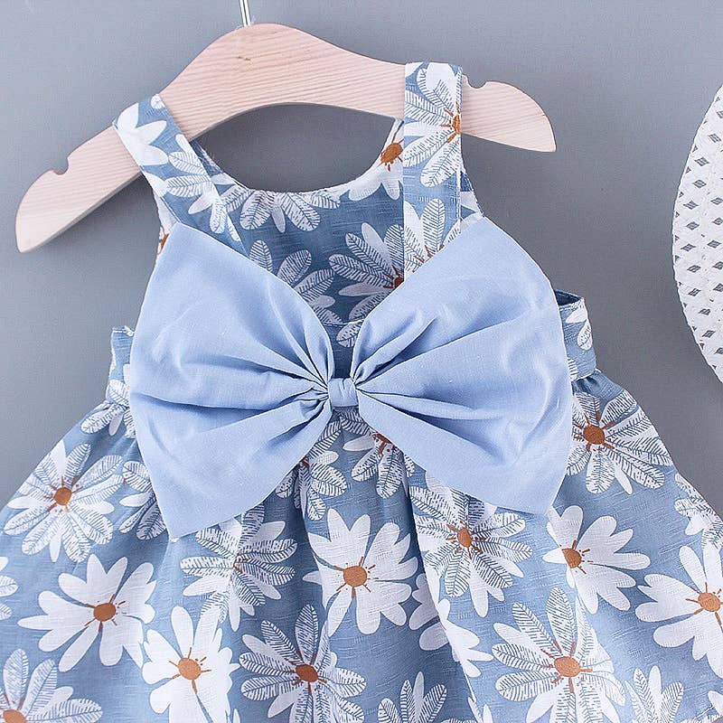 2pcs Baby Girl Daisy Floral Tank Dress with Hat Set: 9-12 Months / Blue