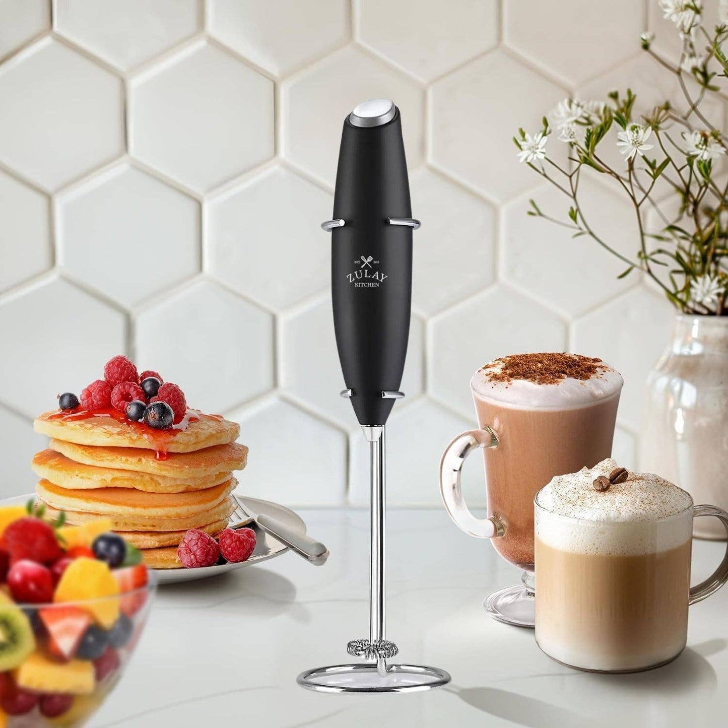Powerful Handheld Milk Frother - With Stand: Black