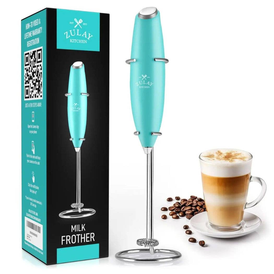 Powerful Handheld Milk Frother with Stand: Teal