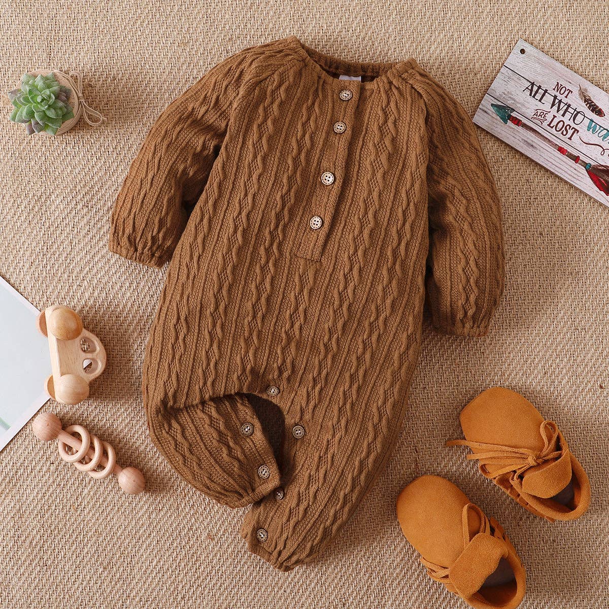 Solid Knitted Button Design Long-sleeve Baby Jumpsuit: 6-9 Months / White