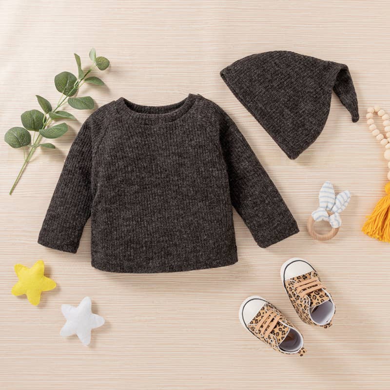 Baby BoyGirl 3pcs Solid Ribbed Long-sleeve and Trouser Set: 0-3 Months / Army green