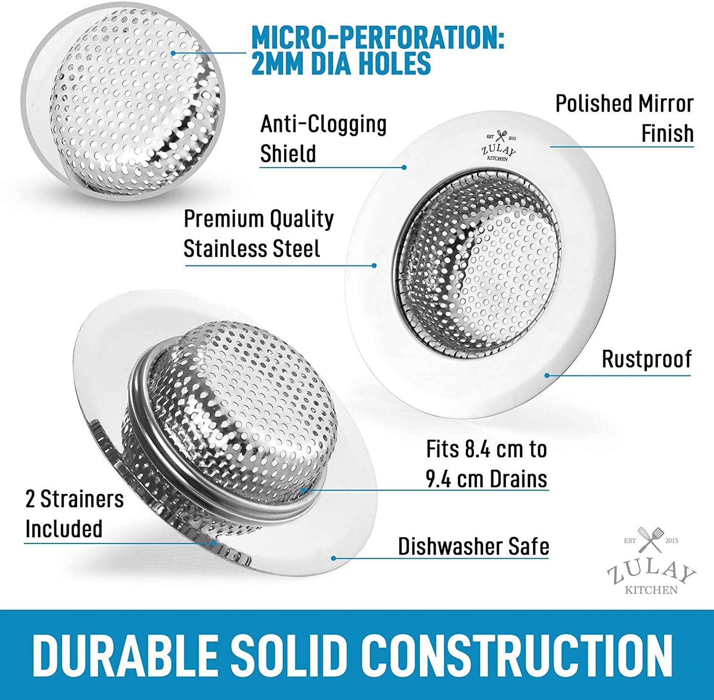 Z-STNLSS-STL-SNK-STRNR-2PCK Sink Drain Strainer (2 Pack) - Wide Rim 4.5” Diameter