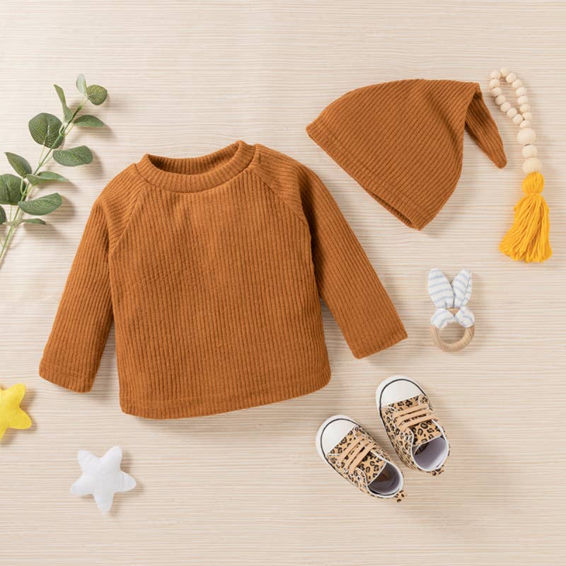 Baby BoyGirl 3pcs Solid Ribbed Long-sleeve and Trouser Set: 0-3 Months / Army green