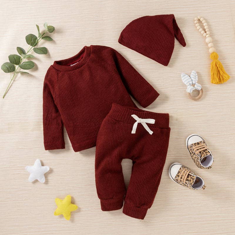 Baby BoyGirl 3pcs Solid Ribbed Long-sleeve and Trouser Set: 0-3 Months / Army green