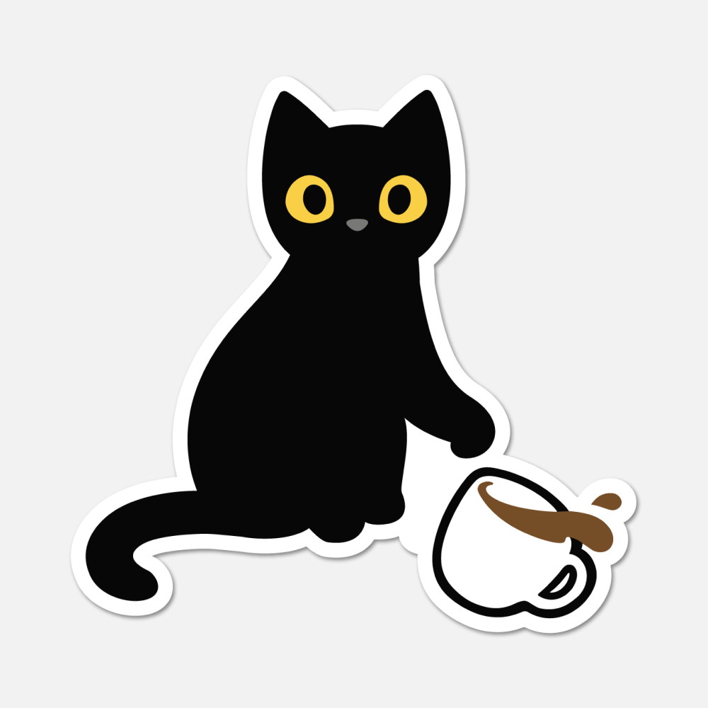 Black Cat Knocking Over Coffee Sticker - Cat Sticker