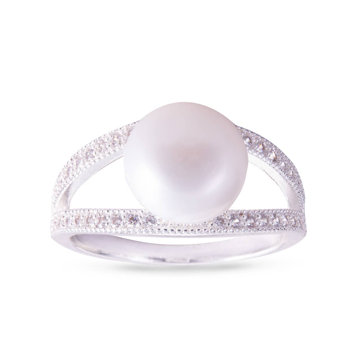 Cradled Pearl Ring with CZ - Natural White - Size 7 - Silver