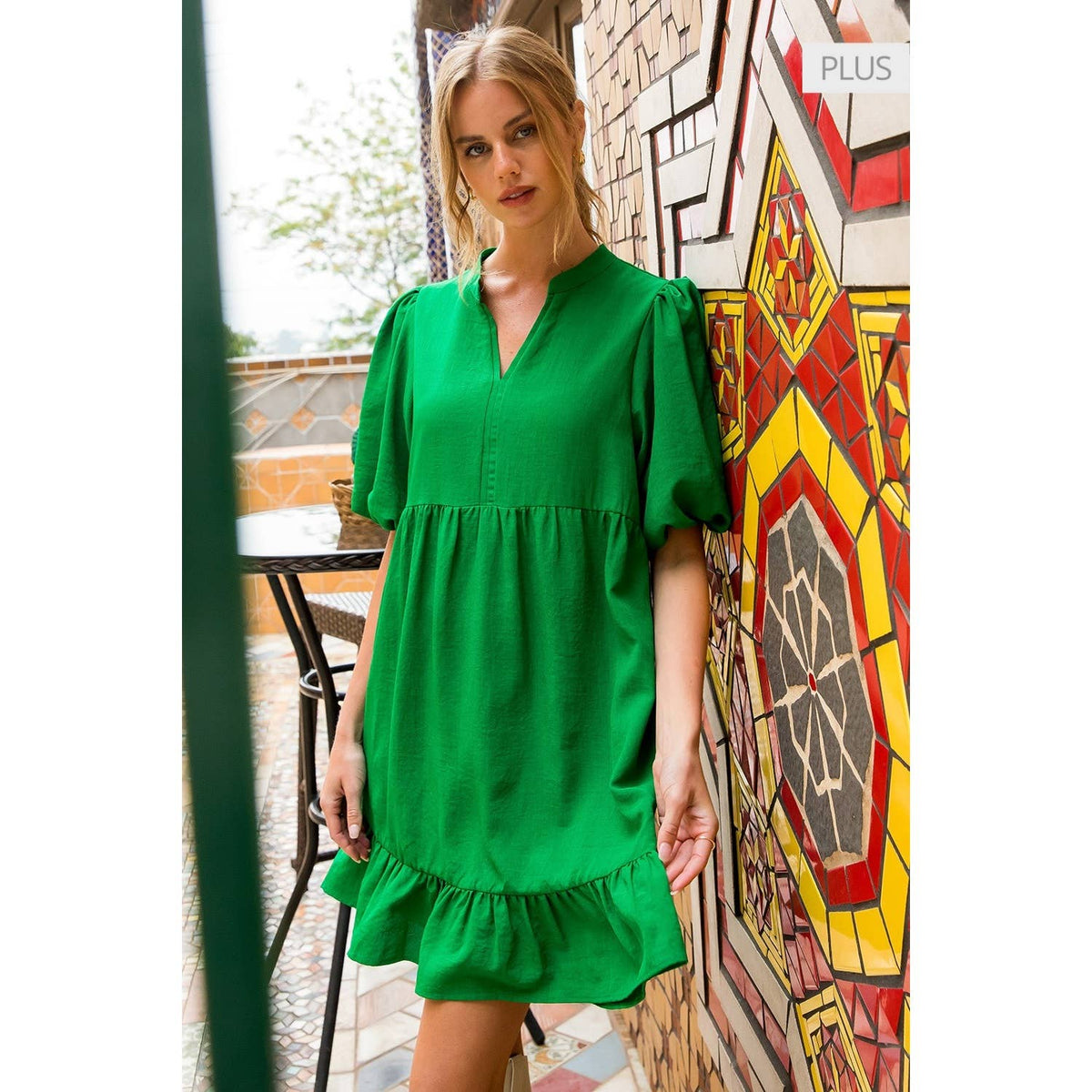 /Size XL/ Babydoll Puff Sleeve Ruffle Hem Mini Dress: GREEN / XL