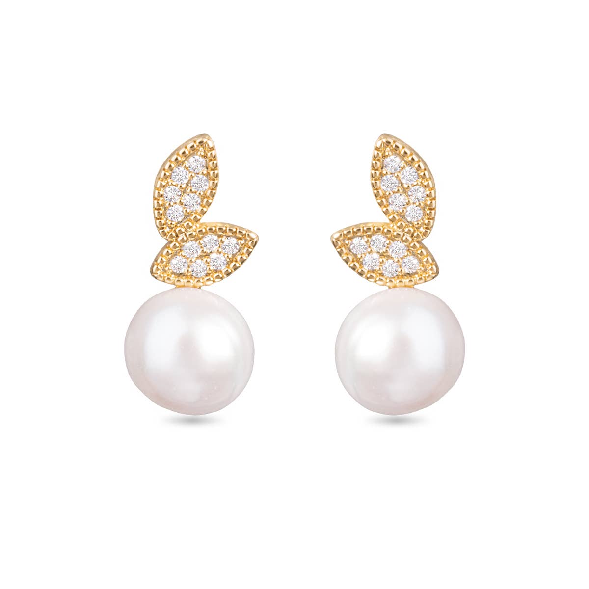 CZ Leaf with Pearl Earrings - Gold - AMANDA BLU