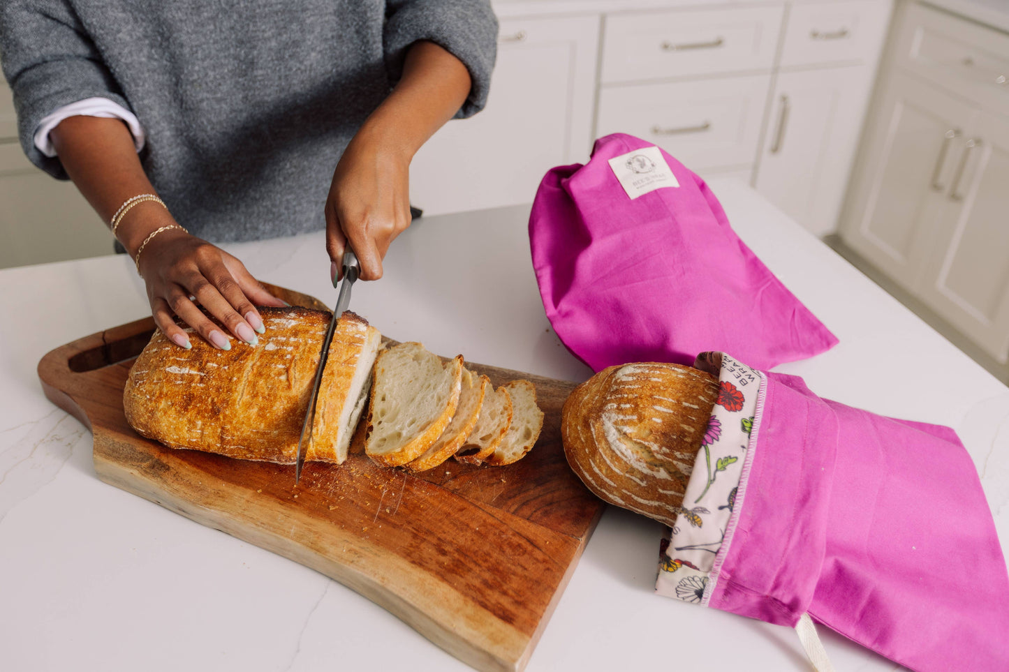 New! Artisan Bread Bag - Magenta, Meadow Magic lined