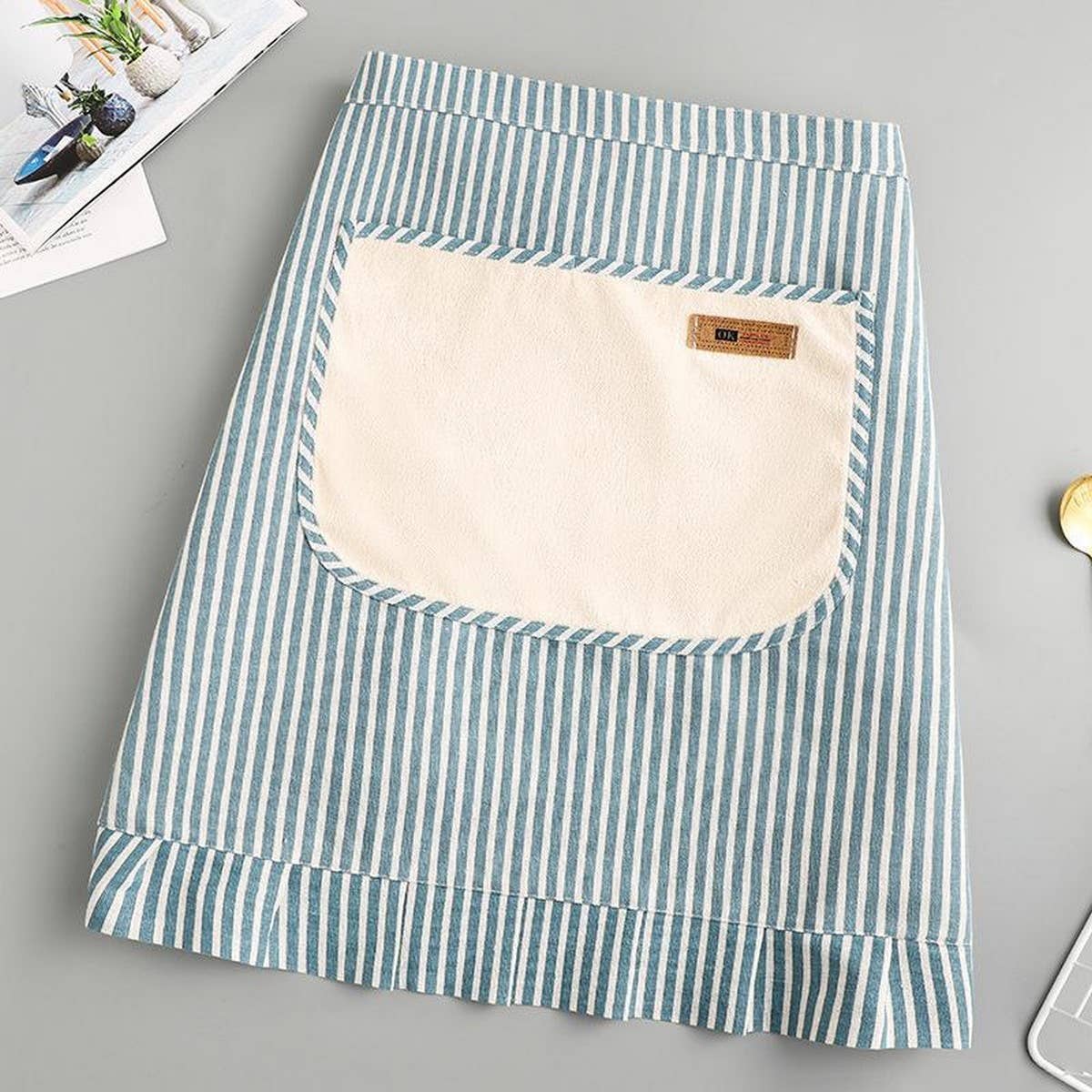Stripe Half-length linen cooking Apron with pockets_CWMM2033: Red / (OS) 1