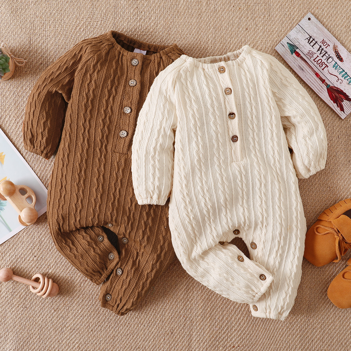 Solid Knitted Button Design Long-sleeve Baby Jumpsuit: 6-9 Months / White