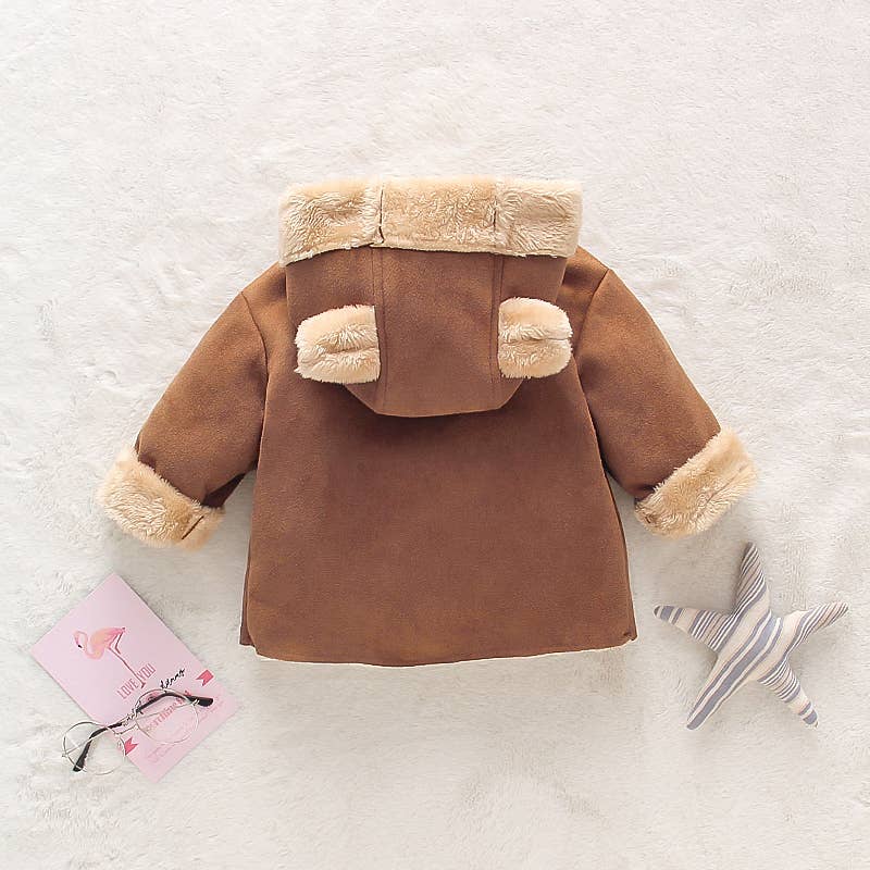 3D Ear Solid Suede and Fleece Baby Hooded Coat Jacket: 12-18 Months / Coffee
