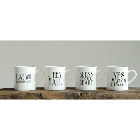 3 1/2" ROUND X 4"H STONEWARE MUG W/ SAYING, WHITE, 4 STYLES