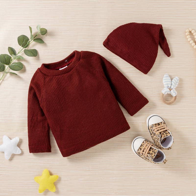 Baby BoyGirl 3pcs Solid Ribbed Long-sleeve and Trouser Set: 12-18 Months / Brown