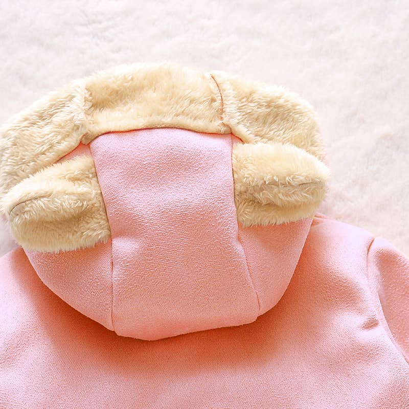 3D Ear Solid Suede and Fleece Baby Hooded Coat Jacket: 12-18 Months / Coffee