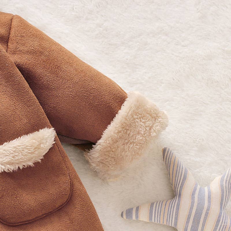 3D Ear Solid Suede and Fleece Baby Hooded Coat Jacket: 12-18 Months / Coffee