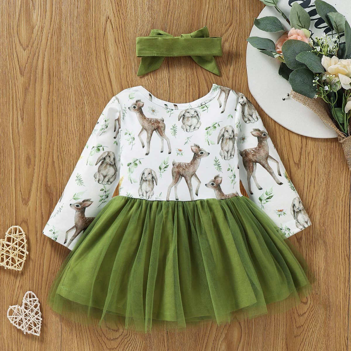 2pcs Baby All Over Long sleeve Splicing Mesh Dress Set: 12-18 Months / Pale Green