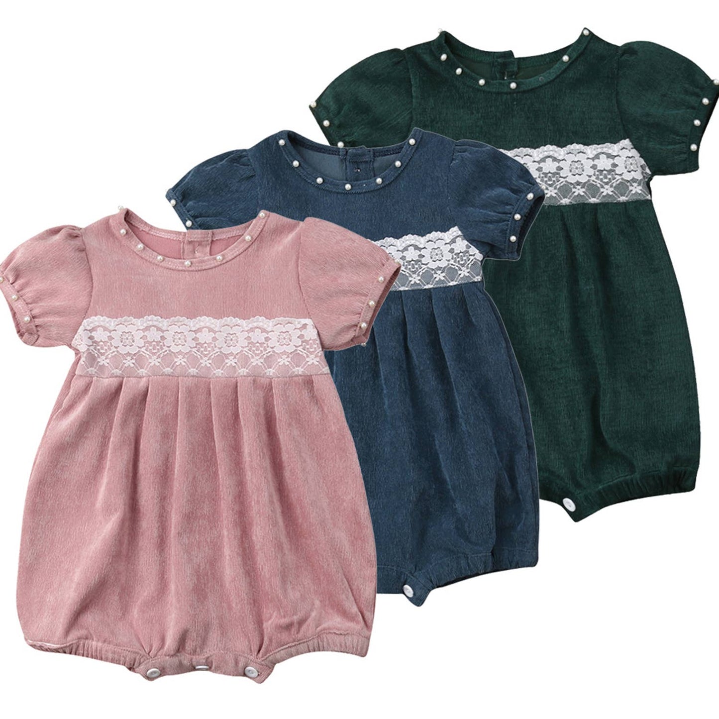 Corduroy Pearl Lace Baby Jumpsuit: Pink / 3-6 Months