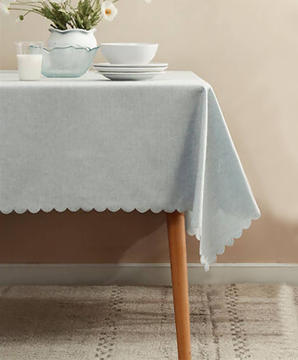 Scalloped Trim Wrinkle-Free Heat-Resistant Tablecloth: 56" Round / Beige
