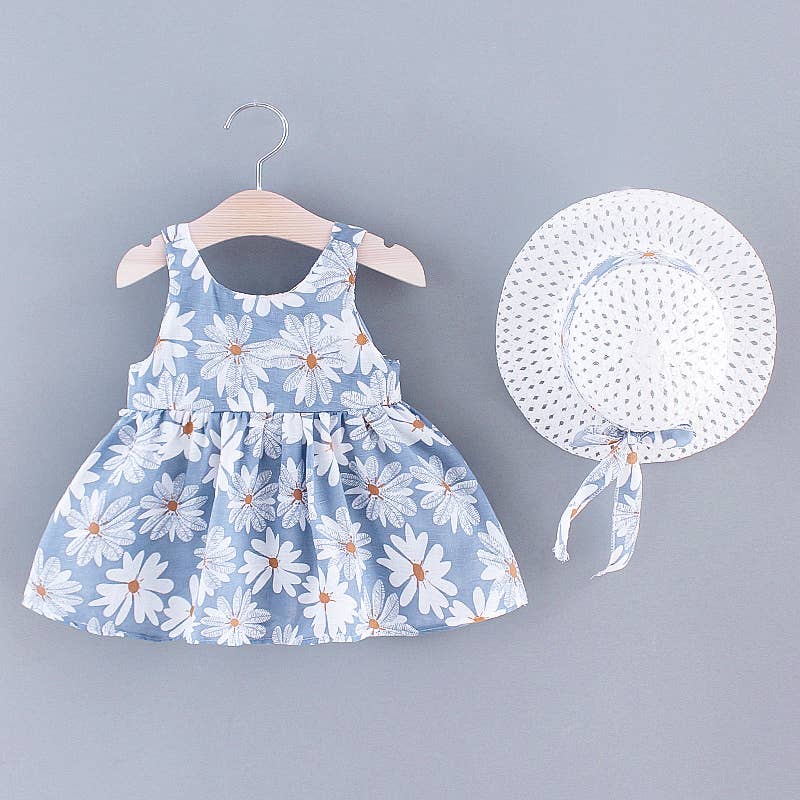 2pcs Baby Girl Daisy Floral Tank Dress with Hat Set: 9-12 Months / Blue
