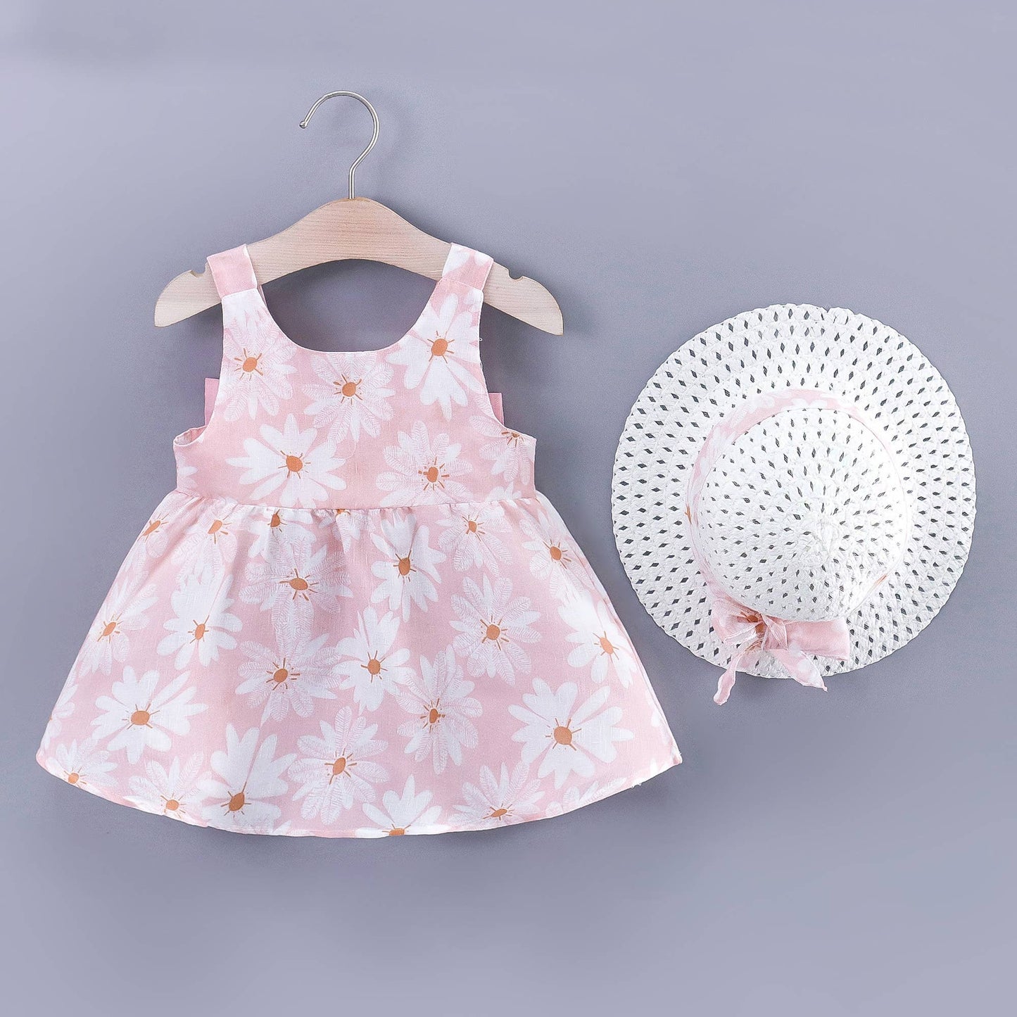 2pcs Baby Girl Daisy Floral Tank Dress with Hat Set: 9-12 Months / Blue