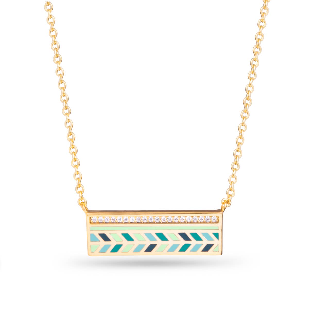 Blue/Green Enamel and CZ Bar Necklace - Gold - AMANDA BLU AG