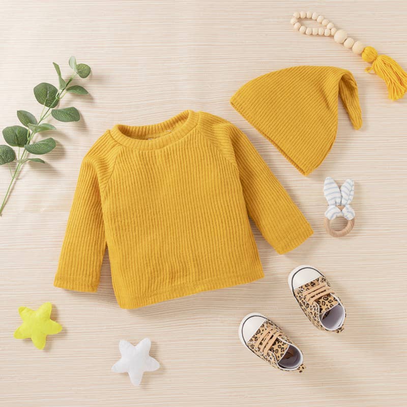 Baby BoyGirl 3pcs Solid Ribbed Long-sleeve and Trouser Set: 3-6 Months / Burgundy