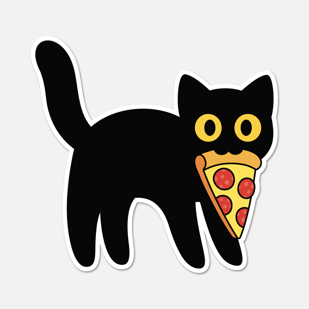 Scared Black Cat With A Slice Of Pepperoni Pizza - Cat Sticker