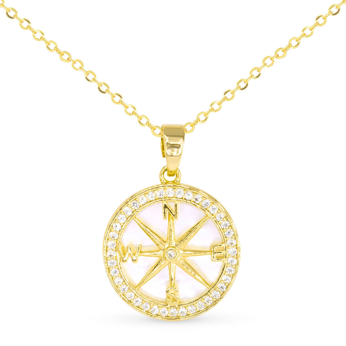 Sparkling CZ & Mother of Pearl Compass Pendant Necklace: 18K Gold Dipped - AMANDA BLU