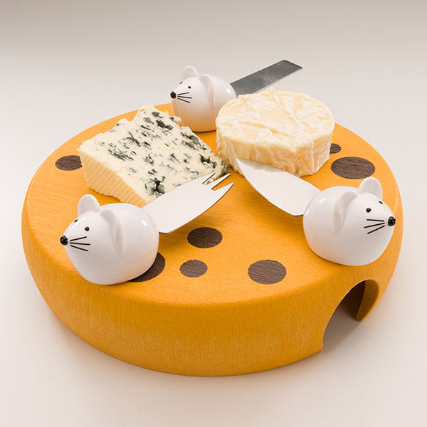 MOUSE HOUSE CHEESE WHEEL SERVER BOARD W/3 MICE TOOLS