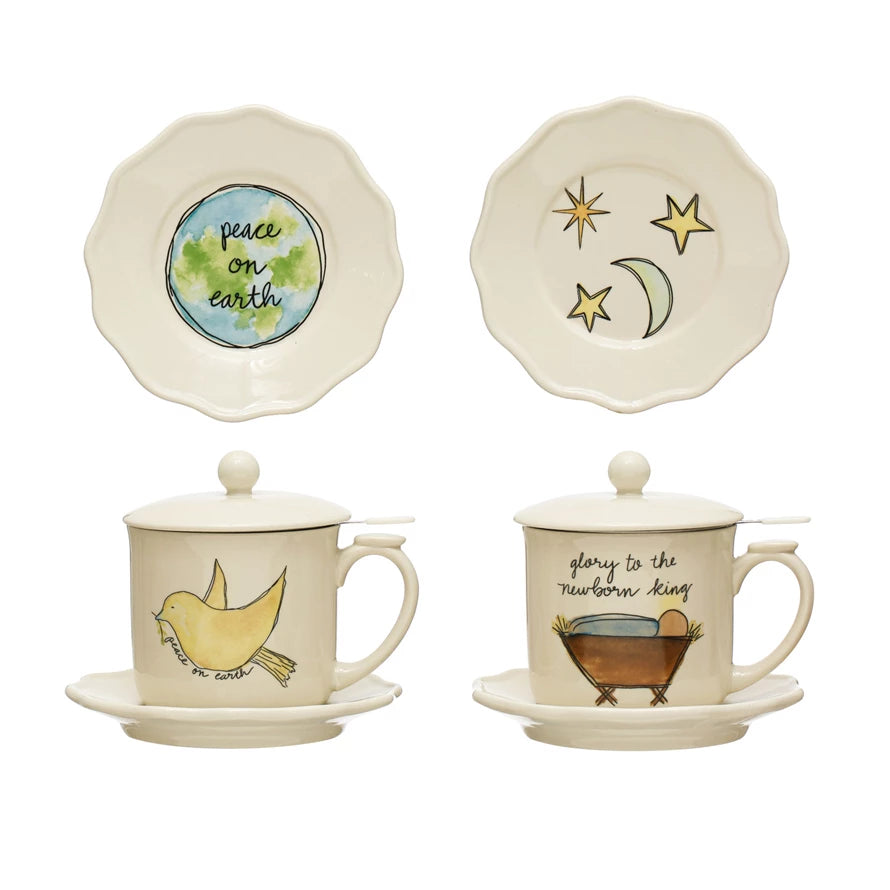 10 OZ STONEWARE MUG W/ SAUCER, STRAINER, LID 2 STYLES