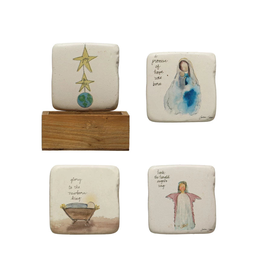 4" CHRISTMAS COASTERS W/ WOOD BOX, 5 SET