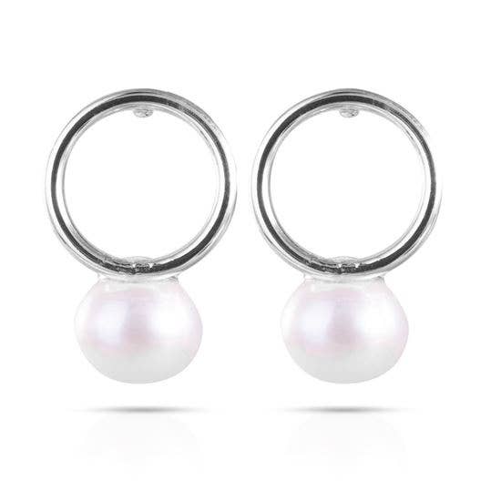 Flat Hoop Pearl Drop Earrings - Silver - AMANDA BLU