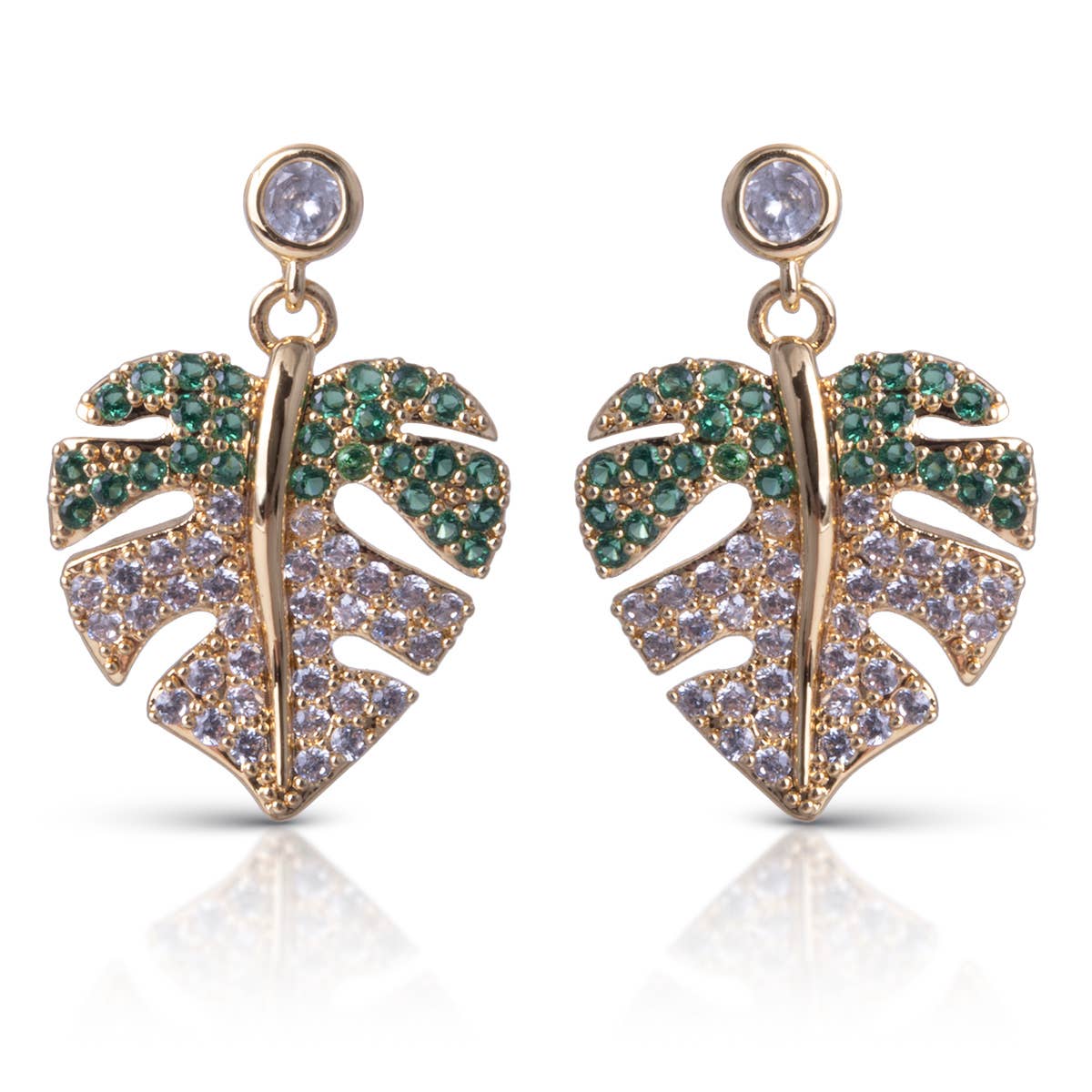Green/Clear Monstera Leaf Earrings - Gold