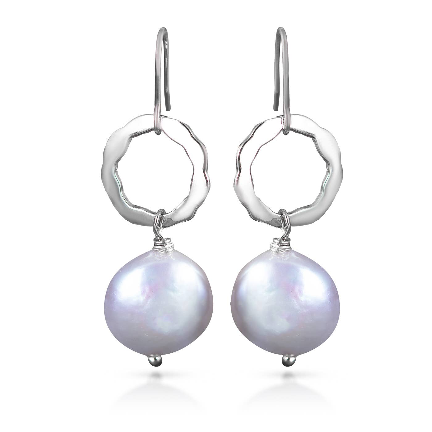 Open Hoop Drop Disc Pearl Earrings - Natural White / Gold