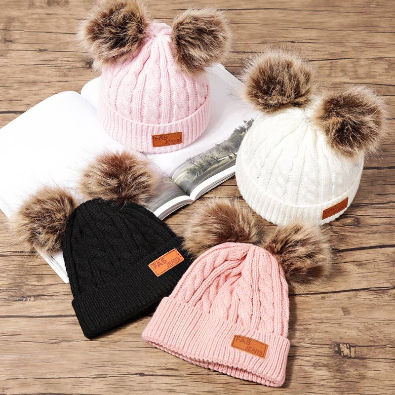 Toddler/ Kid Double Pompon Decor Solid Knitted Beanie Hat: One Size / White