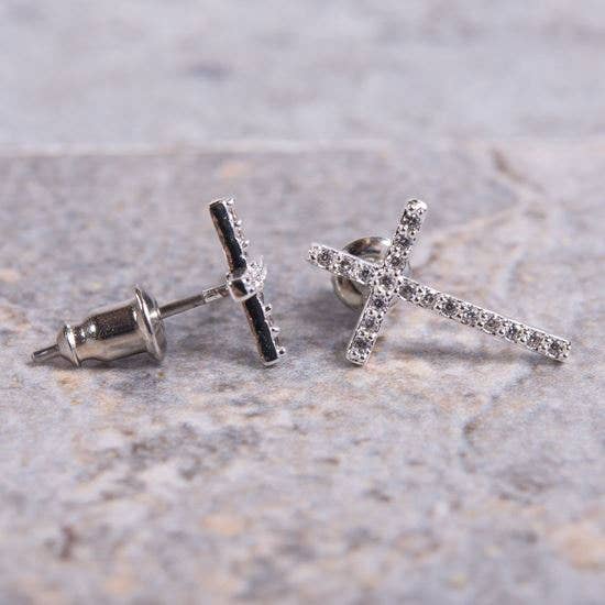 Cross Stud Earrings - Silver - AMANDA BLU