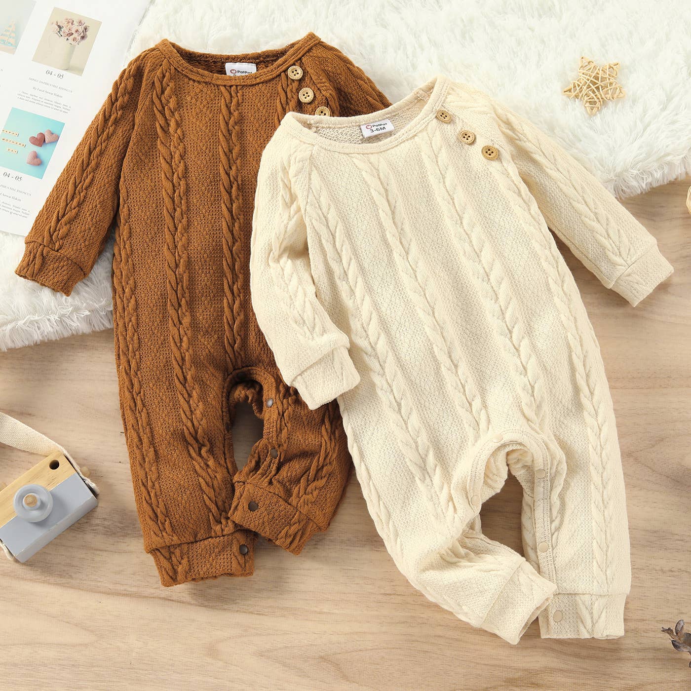 Baby Boy/Girl Solid Cable Knit Long-sleeve Jumpsuit: Brown / 3-6 Months