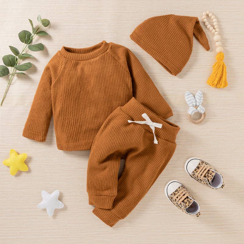 Baby BoyGirl 3pcs Solid Ribbed Long-sleeve and Trouser Set: 12-18 Months / Brown