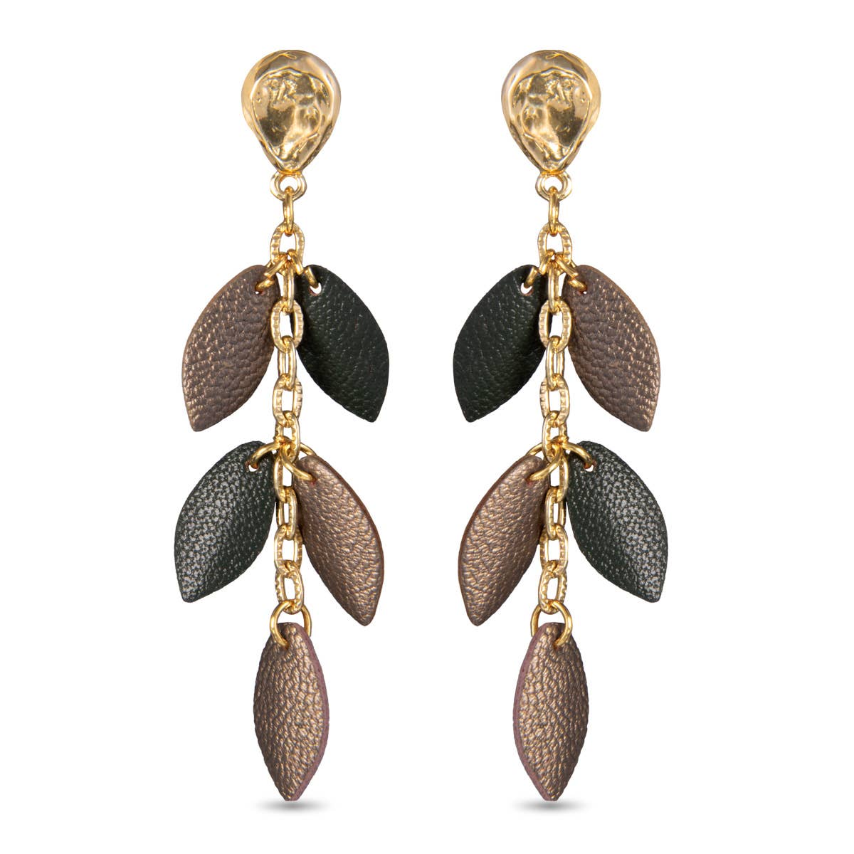 Gold Bronze/Green Leather Leaf Earrings