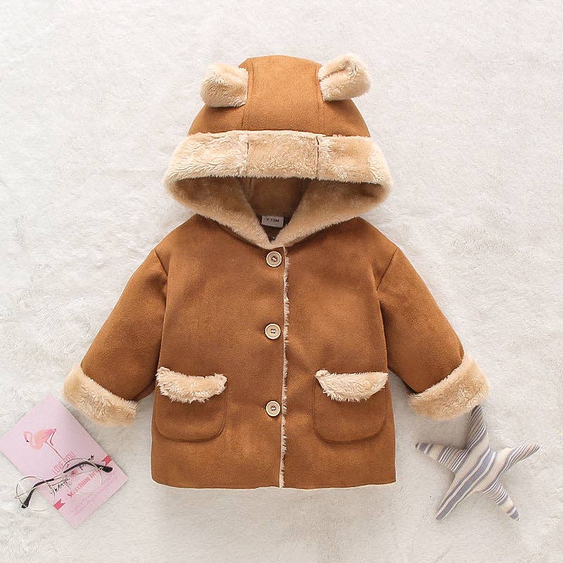 3D Ear Solid Suede and Fleece Baby Hooded Coat Jacket: 12-18 Months / Coffee
