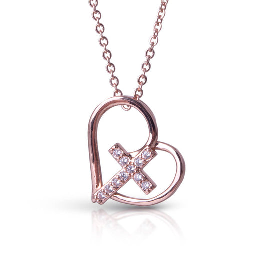 Heart with CZ Cross Necklace - Rose Gold