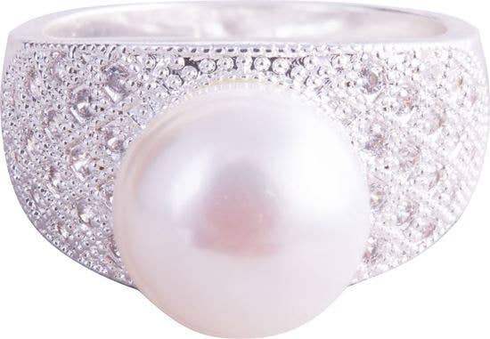 Pearl Ring with Diamond Crystals - Natural White: 8
