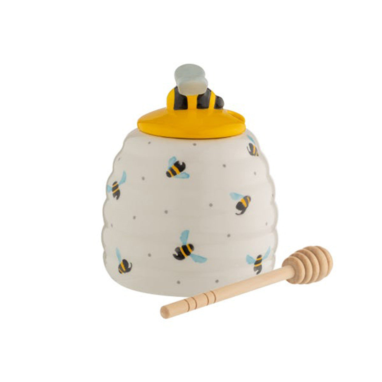 Sweet Bee Honey Serving Pot Ceramic Jar + Wood Honey Dipper Drizzler Set