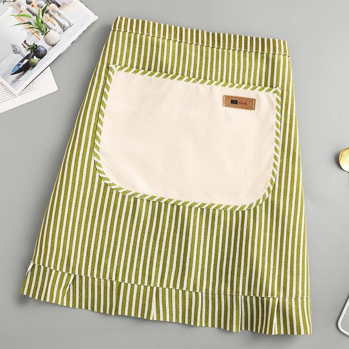 Stripe Half-length linen cooking Apron with pockets_CWMM2033: Green / (OS) 1