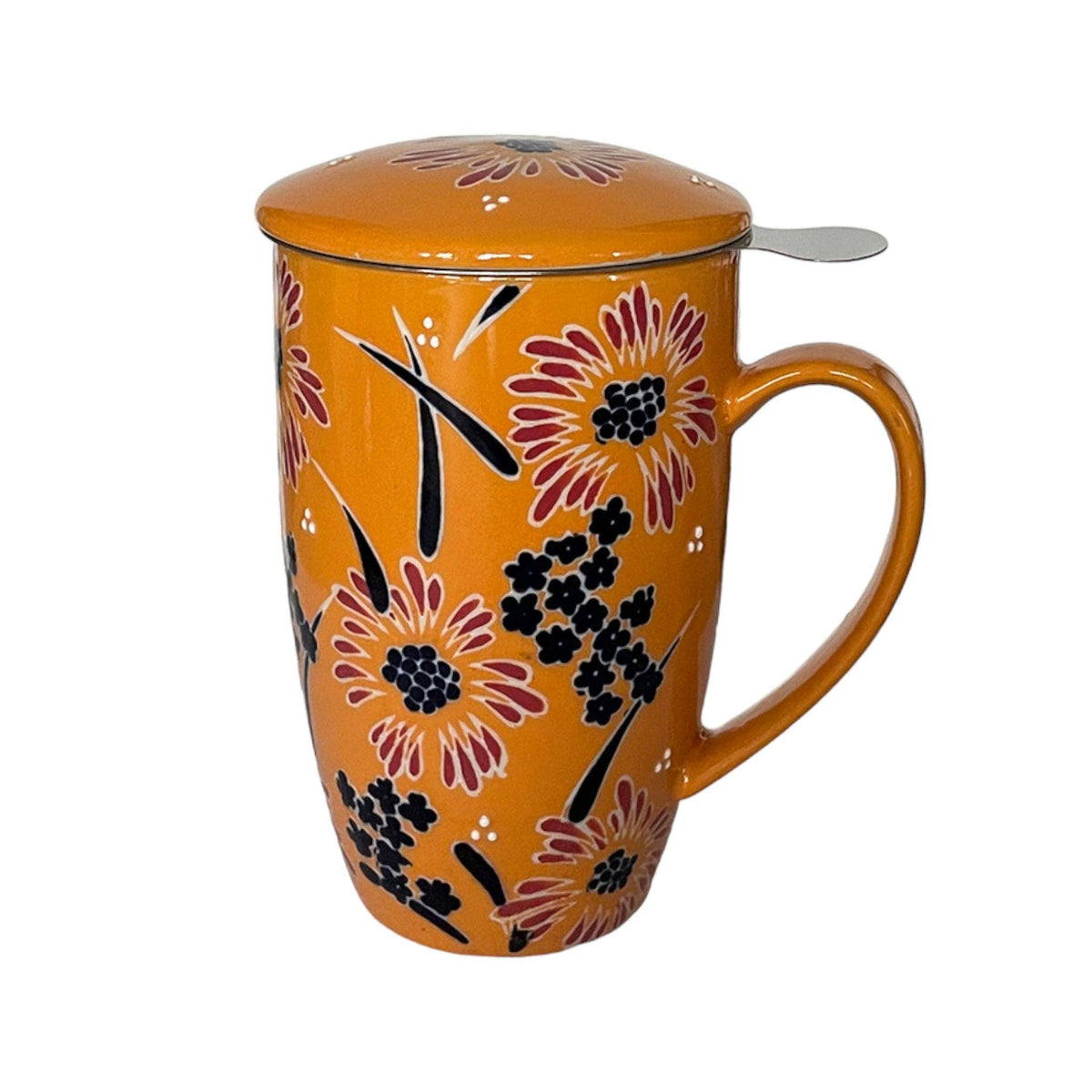 Yellow Flower Porcelain Tea Mug with Lid and Infuser – 15 oz