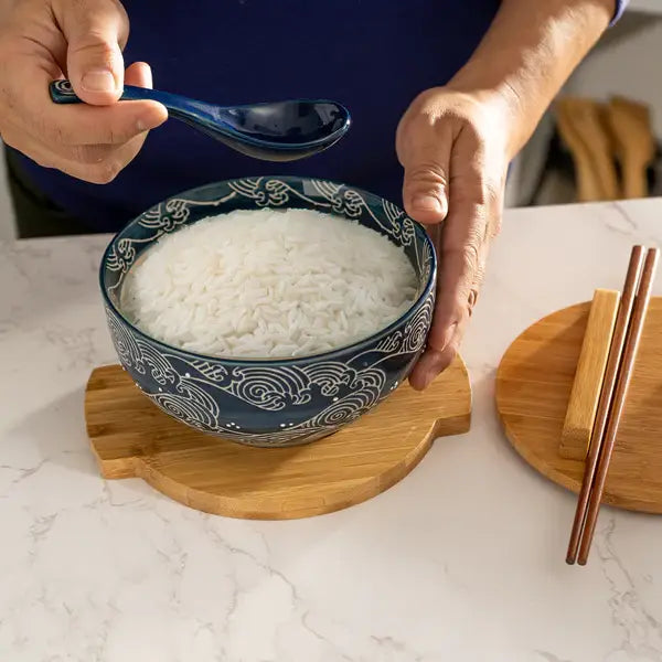 Wave Nami Bowl w/ Chopsticks, Spoon, Lid and Trivet Set