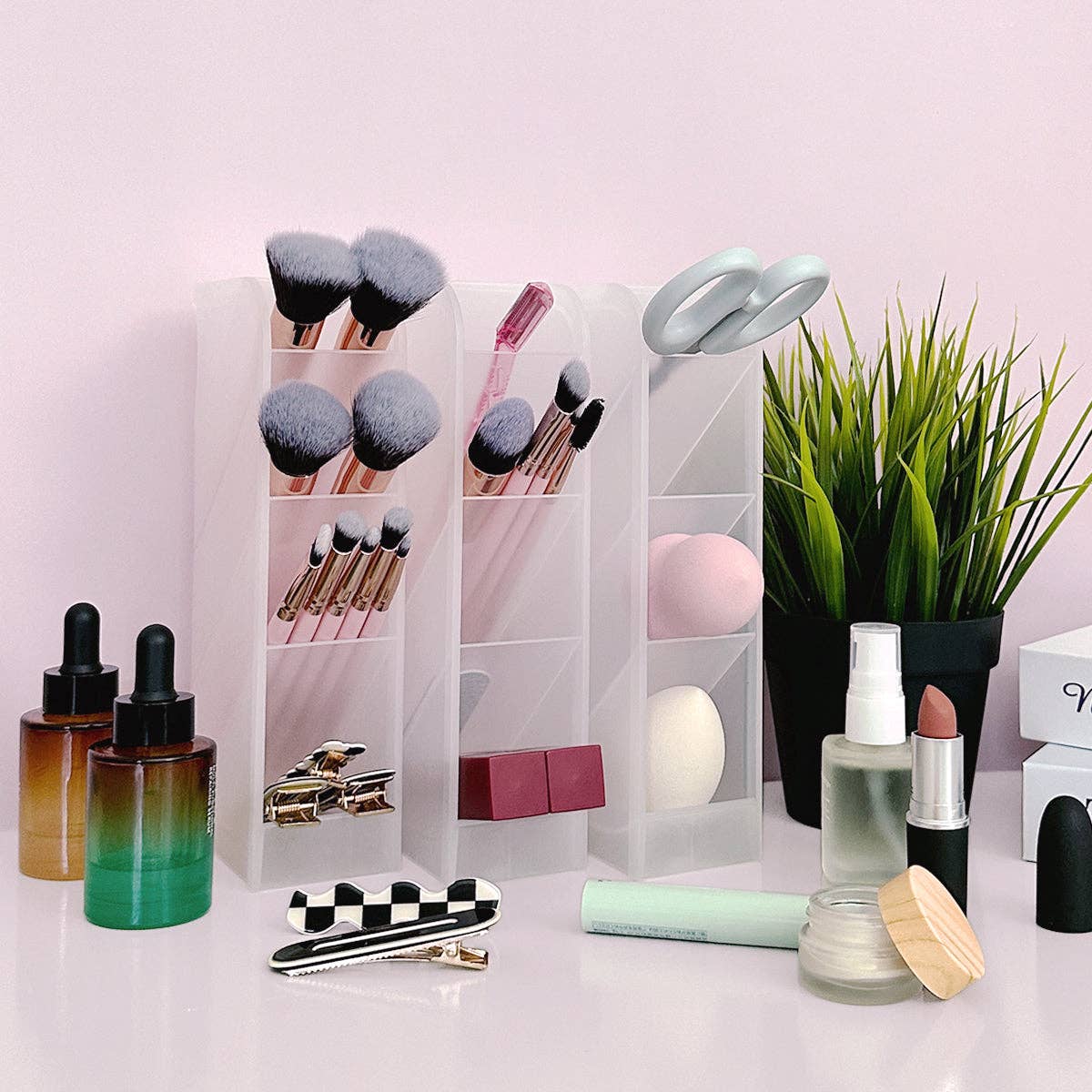 Wrapables Pen Organizer with 4 Compartments Desktop Storage: Large (2pcs) / Clear
