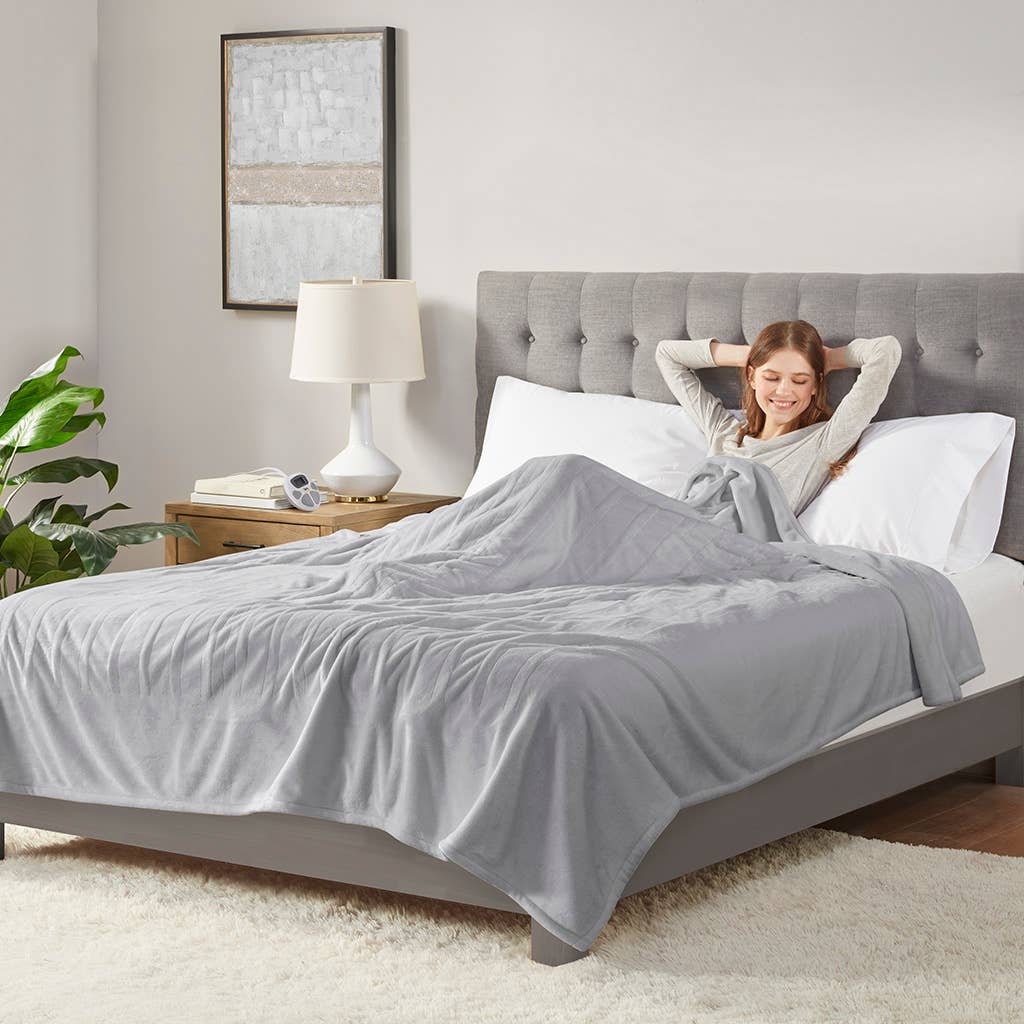 Heated Plush Electric Bedding Blanket, Light Grey: King