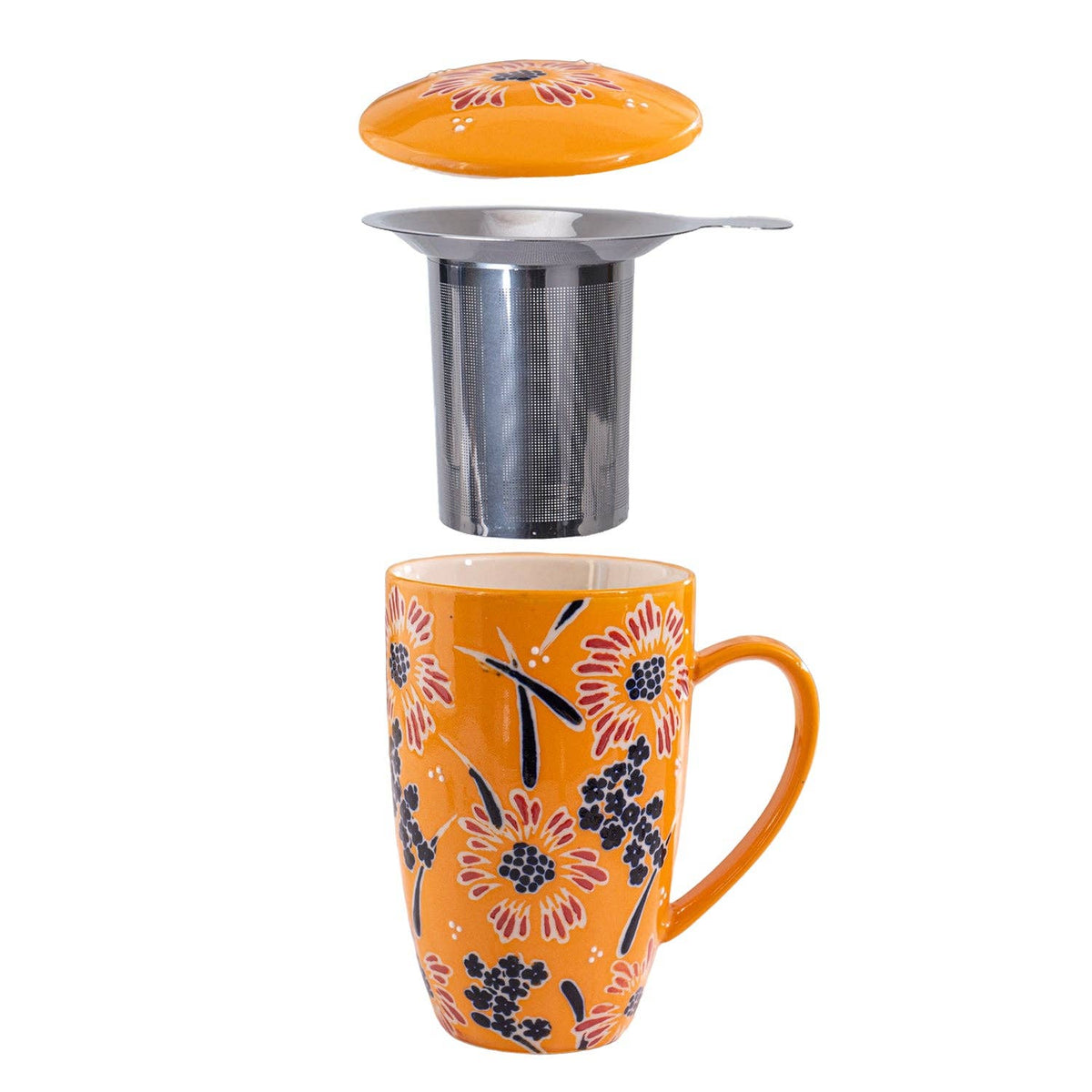 Yellow Flower Porcelain Tea Mug with Lid and Infuser – 15 oz